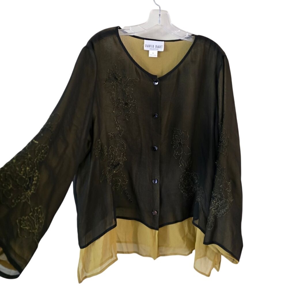 DAVID DART Black Sheer Women's Top Embroidered Size XL 100% Silk Wimsigoth